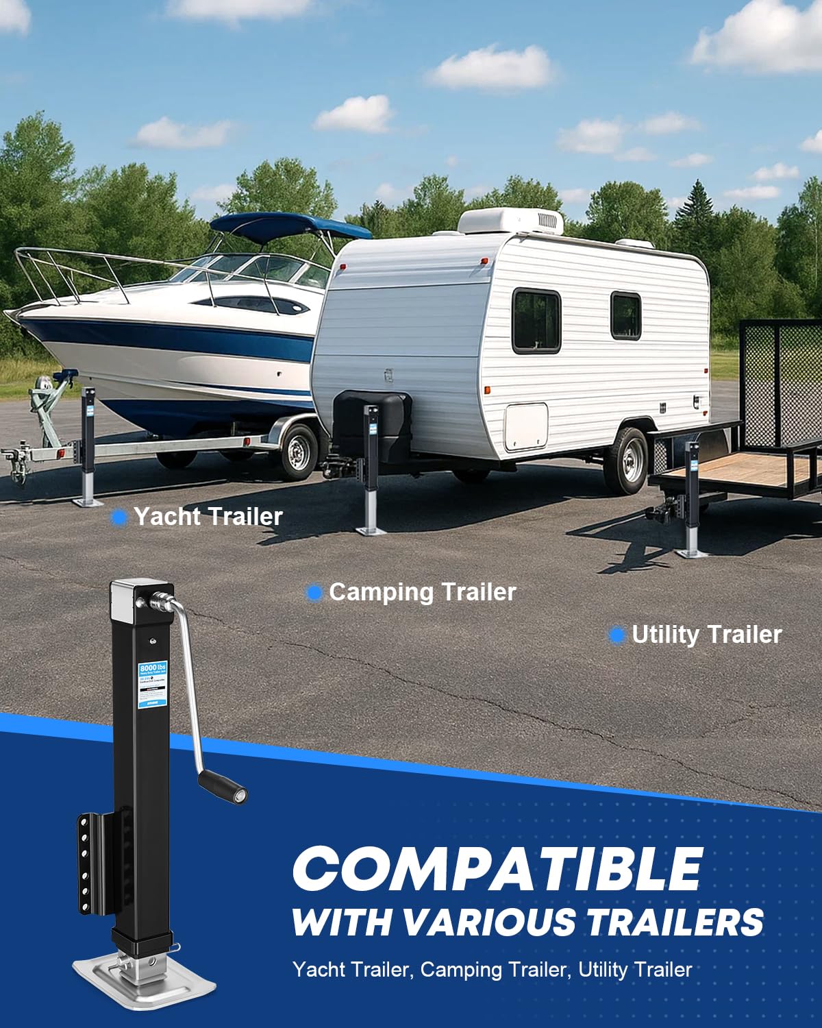 Kohree 8000 lbs Trailer Jack Heavy Duty, 20-24V Electric Drill–Operated, Adjustable Bolt on RV Tongue Jack with Drop Leg & Handle for Boat, Yacht, Horse, Utility Trailer