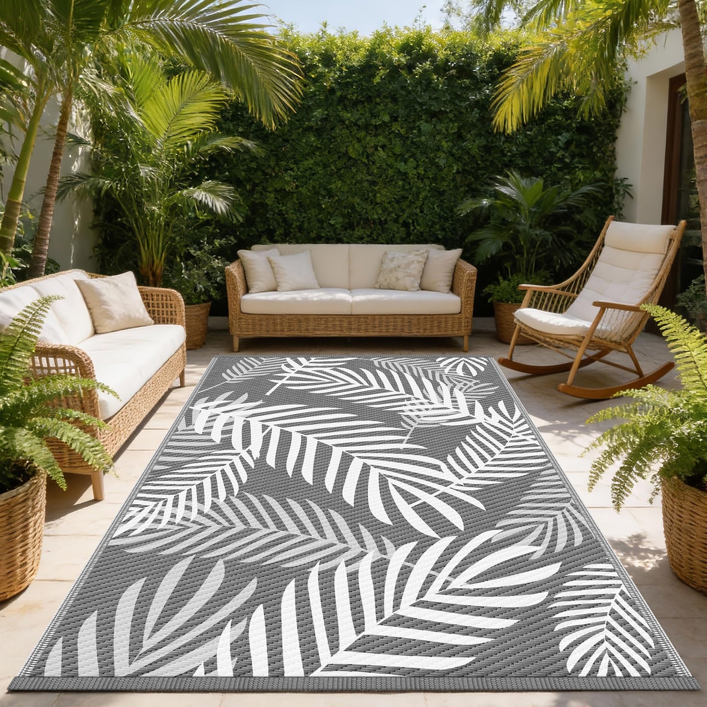 Kohree Outdoor Rug Waterproof 9x12, Reversible Outdoor Plastic Straw Rug with Leaf Pattern, Easy-Cleaning RV Mat Carpet for Patio, Porch, Camping, Balcony, Deck, Backyard, Grey & White