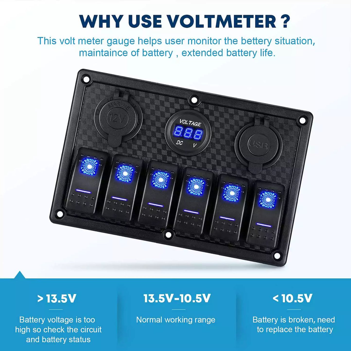 6 gang marine switch panel with voltmeter