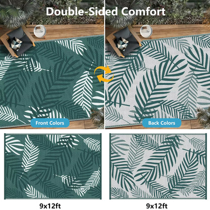 Kohree Outdoor Rug Waterproof 9x12, Reversible Outdoor Plastic Straw Rug with Leaf Pattern, Easy-Cleaning RV Mat Carpet for Patio,Porch, Camping, Balcony, Deck, Backyard, Green