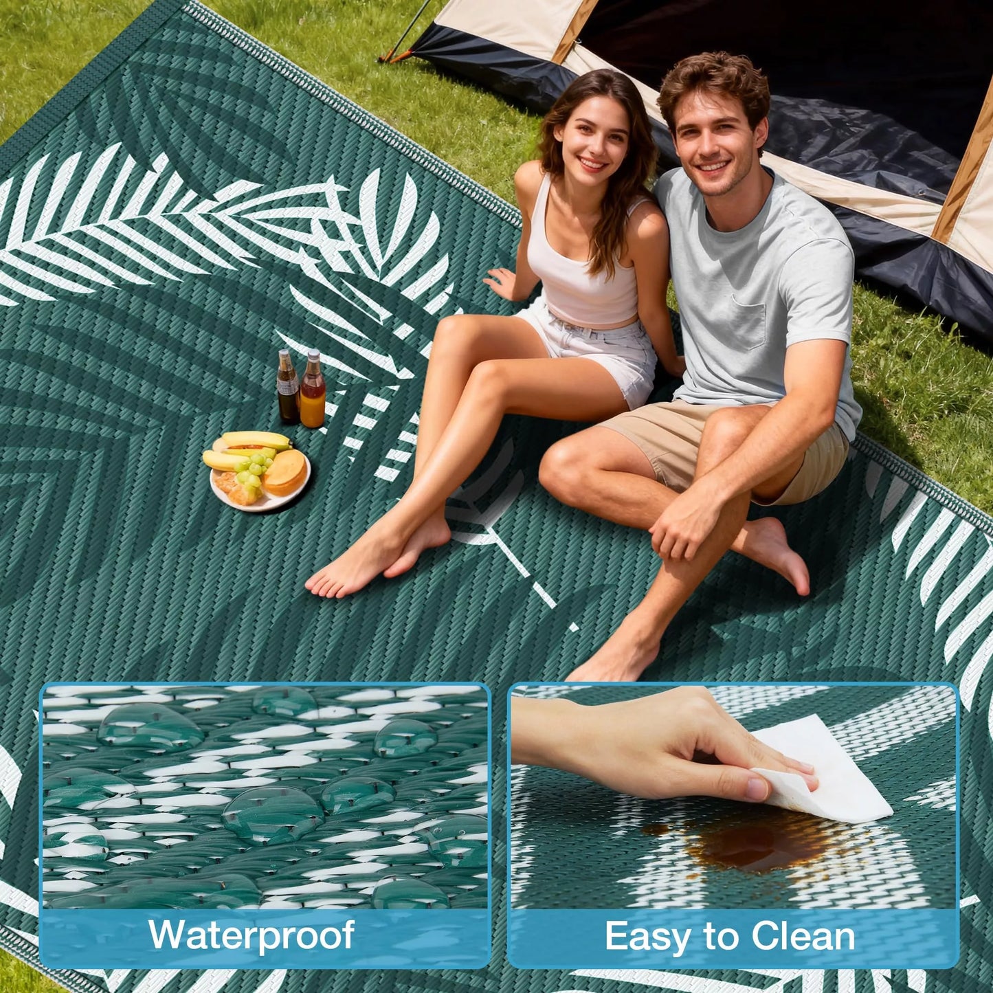 Kohree Outdoor Rug Waterproof 9x12, Reversible Outdoor Plastic Straw Rug with Leaf Pattern, Easy-Cleaning RV Mat Carpet for Patio,Porch, Camping, Balcony, Deck, Backyard, Green