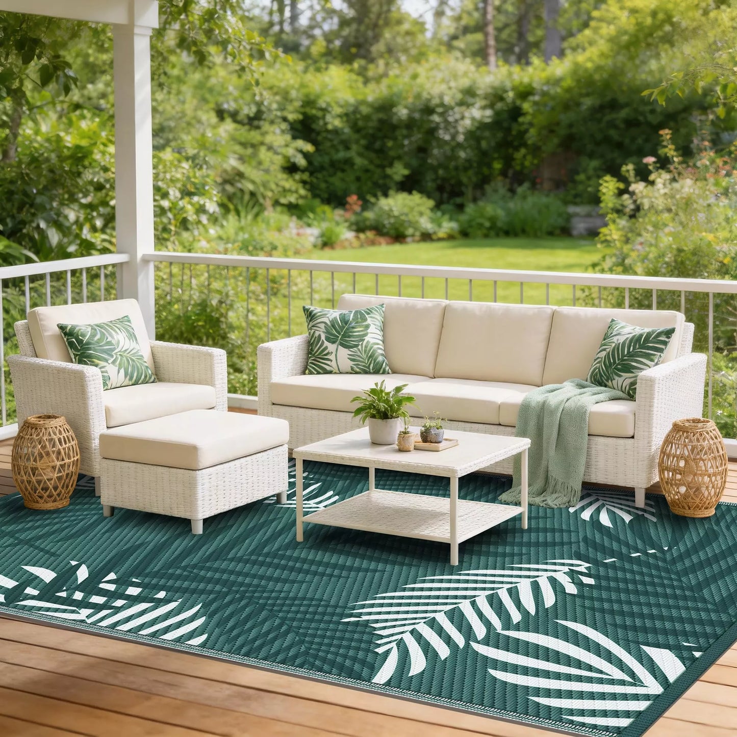 Kohree Outdoor Rug Waterproof 9x12, Reversible Outdoor Plastic Straw Rug with Leaf Pattern, Easy-Cleaning RV Mat Carpet for Patio,Porch, Camping, Balcony, Deck, Backyard, Green