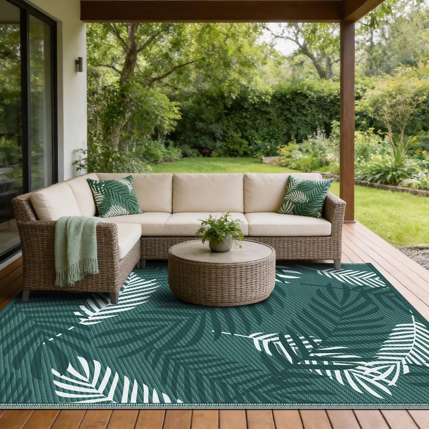 Kohree Outdoor Rug Waterproof 9x12, Reversible Outdoor Plastic Straw Rug with Leaf Pattern, Easy-Cleaning RV Mat Carpet for Patio,Porch, Camping, Balcony, Deck, Backyard, Green