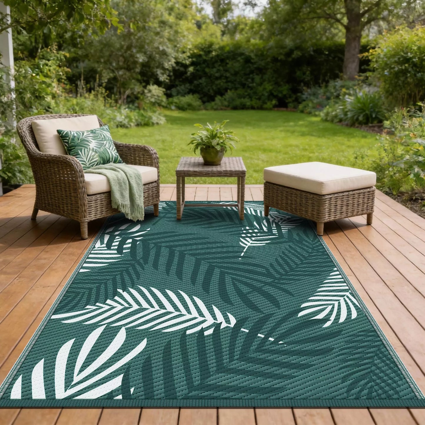Kohree Outdoor Rug Waterproof 9x12, Reversible Outdoor Plastic Straw Rug with Leaf Pattern, Easy-Cleaning RV Mat Carpet for Patio,Porch, Camping, Balcony, Deck, Backyard, Green