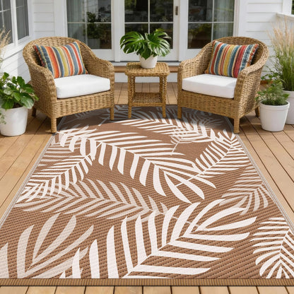 Kohree Outdoor Rug Waterproof 9x12, Reversible Outdoor Plastic Straw Rug with Leaf Pattern, Easy-Cleaning RV Mat Carpet for Patio, Porch, Camping, Balcony, Deck, Backyard, Brown & Beige