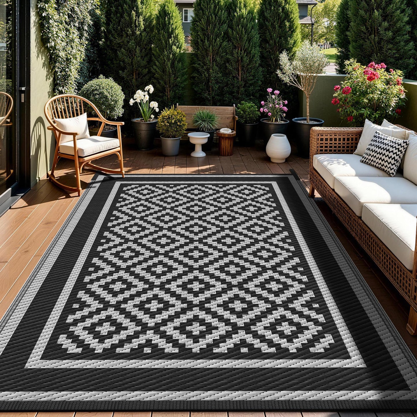 Kohree Outdoor Rug Waterproof 6x9 ft, RV Outdoor Plastic Straw Rug for Patios Clearance,Reversible Area Rug for Camping,Balcony,Deck,Black & Grey