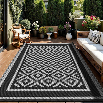 Kohree Outdoor Rug Waterproof 6x9 ft, RV Outdoor Plastic Straw Rug for Patios Clearance,Reversible Area Rug for Camping,Balcony,Deck,Black & Grey