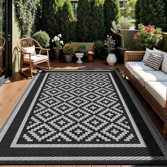 Kohree Outdoor Rug Waterproof 6x9 ft, RV Outdoor Plastic Straw Rug for Patios Clearance,Reversible Area Rug for Camping,Balcony,Deck,Black & Grey