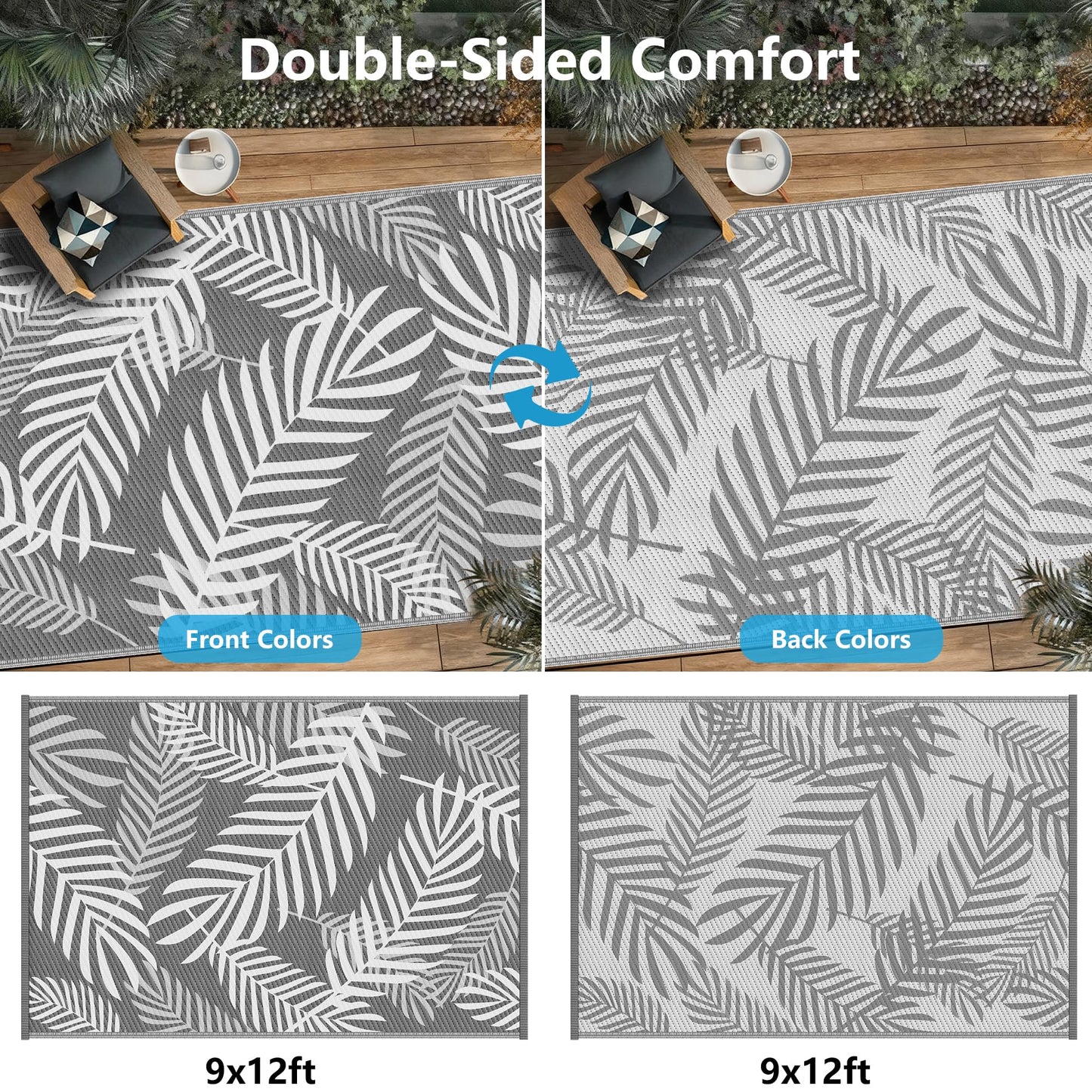 Kohree Outdoor Rug Waterproof 9x12, Reversible Outdoor Plastic Straw Rug with Leaf Pattern, Easy-Cleaning RV Mat Carpet for Patio, Porch, Camping, Balcony, Deck, Backyard, Grey & White