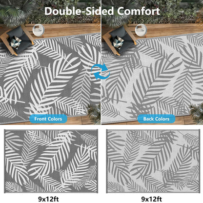 Kohree Outdoor Rug Waterproof 9x12, Reversible Outdoor Plastic Straw Rug with Leaf Pattern, Easy-Cleaning RV Mat Carpet for Patio, Porch, Camping, Balcony, Deck, Backyard, Grey & White