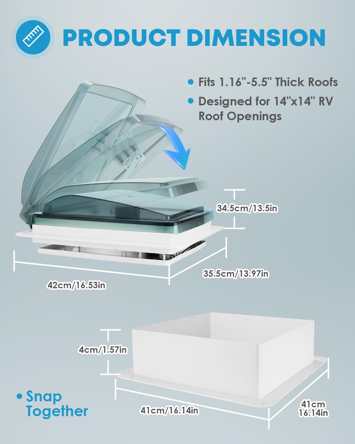 Kohree 14" RV Vent Fan, Manual Lift | 10 Speed Reversible, 12V Super Quiet, No Remote for Bathroom Camper Trailer