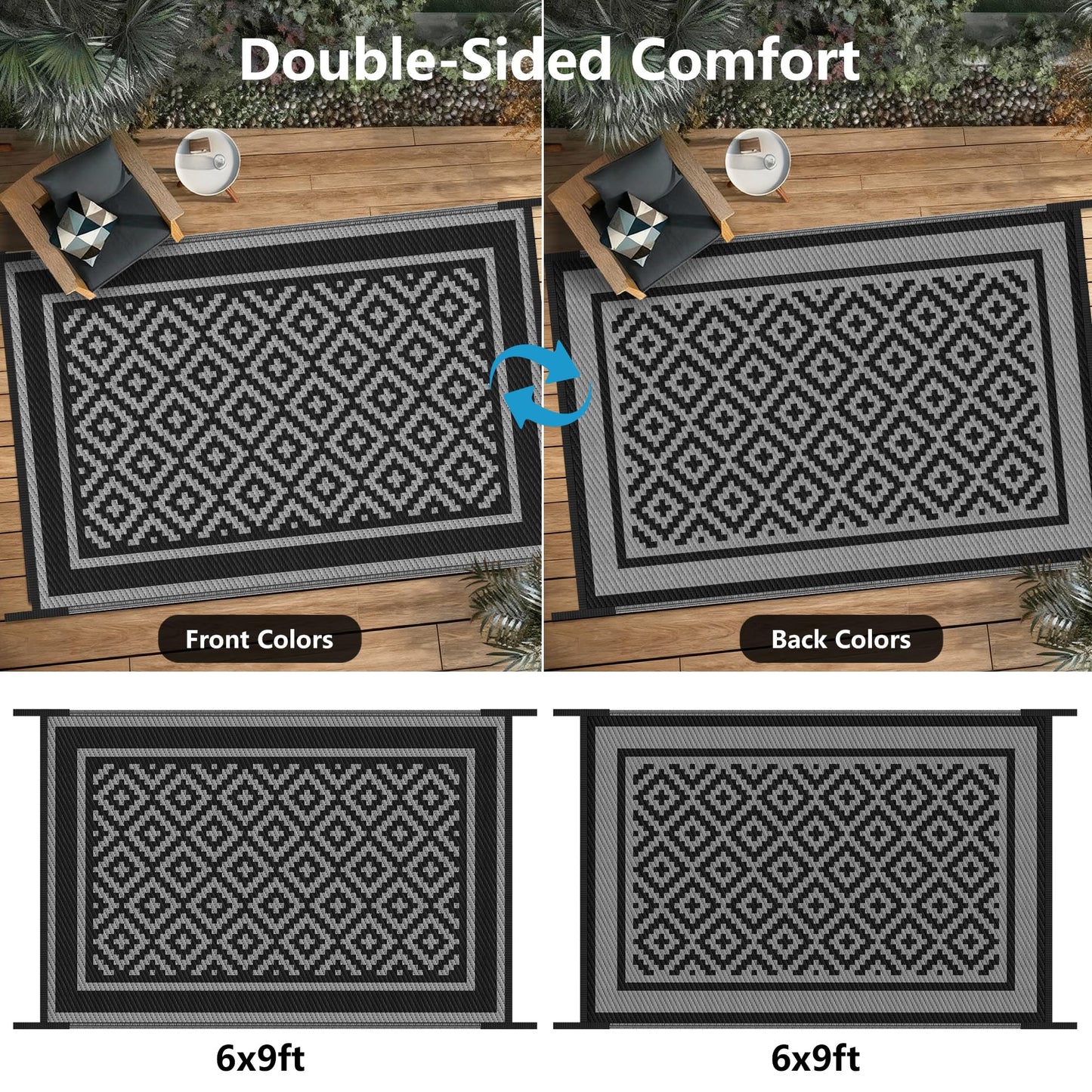 Kohree Outdoor Rug Waterproof 6x9 ft, RV Outdoor Plastic Straw Rug for Patios Clearance,Reversible Area Rug for Camping,Balcony,Deck,Black & Grey