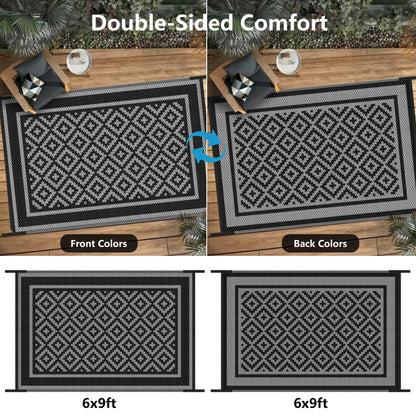 Kohree Outdoor Rug Waterproof 6x9 ft, RV Outdoor Plastic Straw Rug for Patios Clearance,Reversible Area Rug for Camping,Balcony,Deck,Black & Grey
