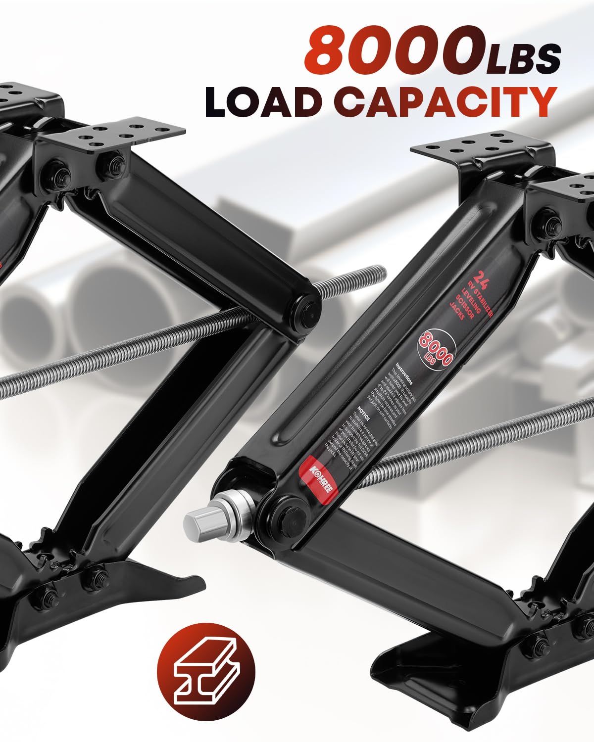 Kohree 8000 lbs RV Stabilizer Jacks 24", Leveling Scissor Jacks for Travel Trailer, Set of 2, Heavy Duty Camper Stabilizer Jacks Kit with Anti-Slip Handle and Drill Socket, Easy to Install