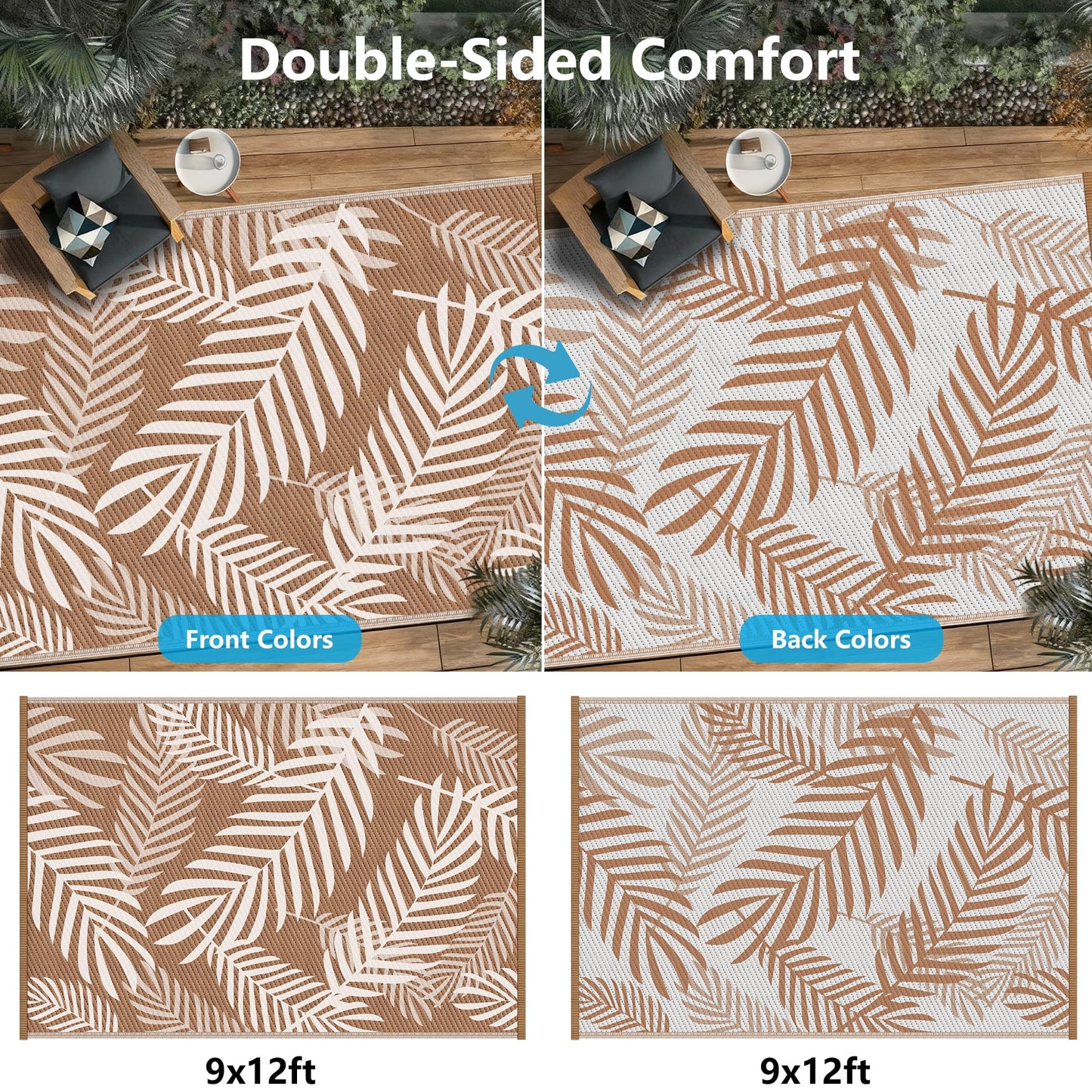 Kohree Outdoor Rug Waterproof 9x12, Reversible Outdoor Plastic Straw Rug with Leaf Pattern, Easy-Cleaning RV Mat Carpet for Patio, Porch, Camping, Balcony, Deck, Backyard, Brown & Beige