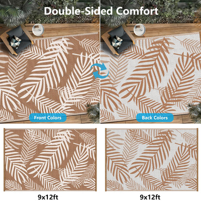 Kohree Outdoor Rug Waterproof 9x12, Reversible Outdoor Plastic Straw Rug with Leaf Pattern, Easy-Cleaning RV Mat Carpet for Patio, Porch, Camping, Balcony, Deck, Backyard, Brown & Beige