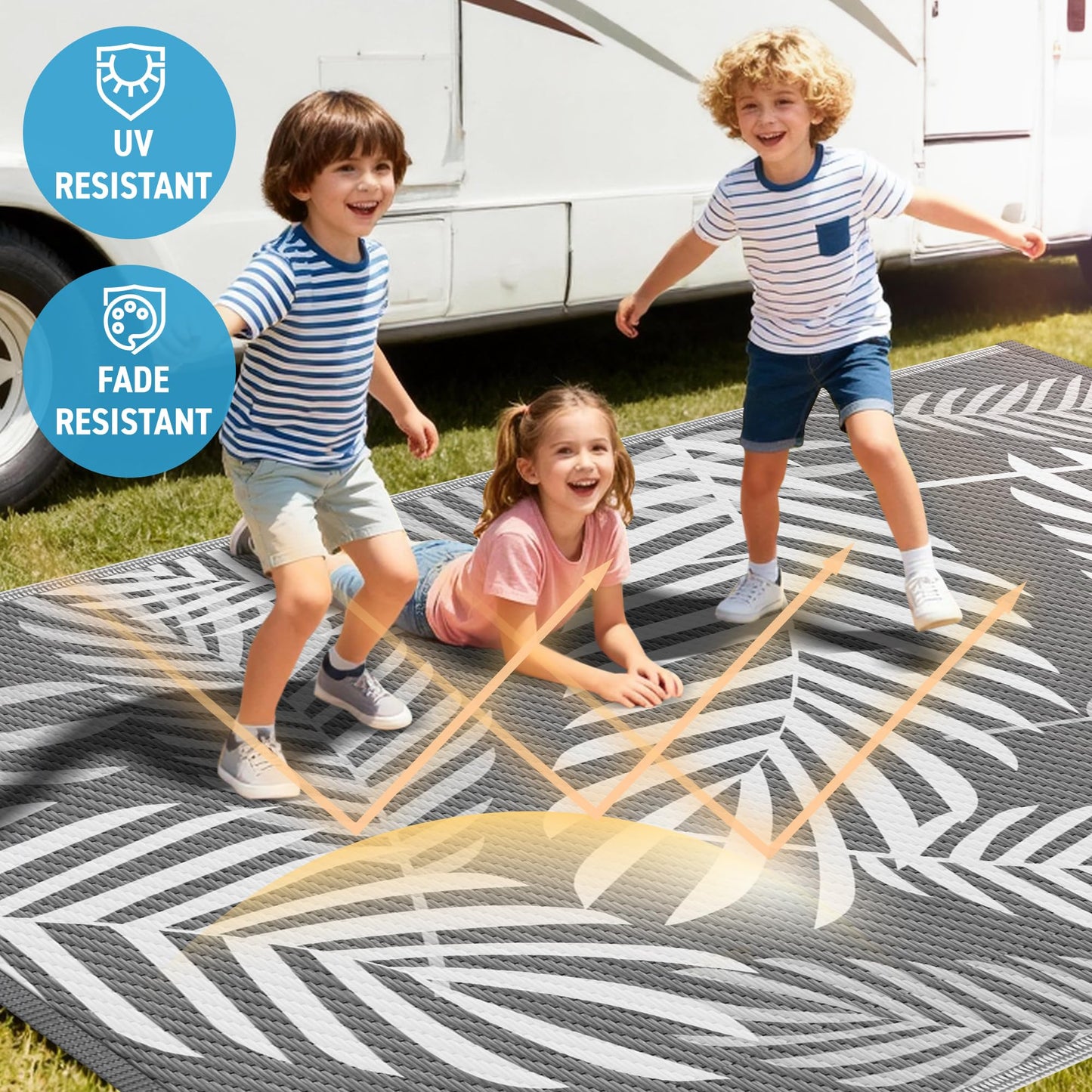 Kohree Outdoor Rug Waterproof 9x12, Reversible Outdoor Plastic Straw Rug with Leaf Pattern, Easy-Cleaning RV Mat Carpet for Patio, Porch, Camping, Balcony, Deck, Backyard, Grey & White