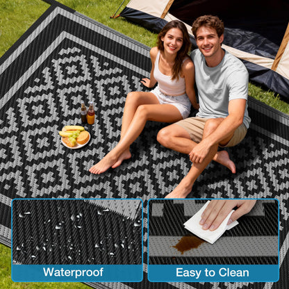 Kohree Outdoor Rug Waterproof 6x9 ft, RV Outdoor Plastic Straw Rug for Patios Clearance,Reversible Area Rug for Camping,Balcony,Deck,Black & Grey