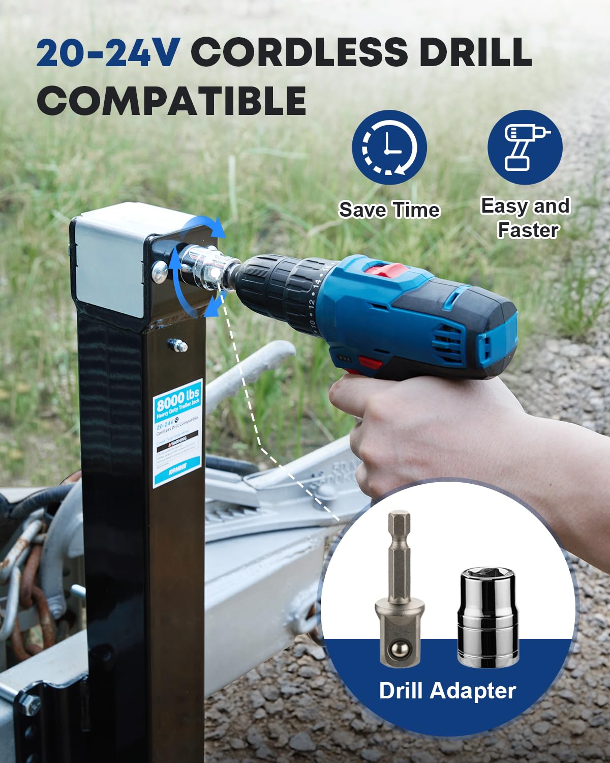Kohree 8000 lbs Trailer Jack Heavy Duty, 20-24V Electric Drill–Operated, Adjustable Bolt on RV Tongue Jack with Drop Leg & Handle for Boat, Yacht, Horse, Utility Trailer