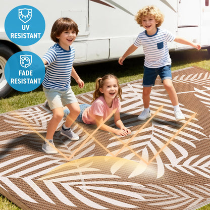 Kohree Outdoor Rug Waterproof 9x12, Reversible Outdoor Plastic Straw Rug with Leaf Pattern, Easy-Cleaning RV Mat Carpet for Patio, Porch, Camping, Balcony, Deck, Backyard, Brown & Beige
