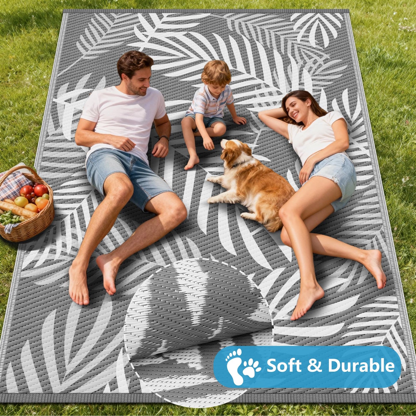 Kohree Outdoor Rug Waterproof 9x12, Reversible Outdoor Plastic Straw Rug with Leaf Pattern, Easy-Cleaning RV Mat Carpet for Patio, Porch, Camping, Balcony, Deck, Backyard, Grey & White