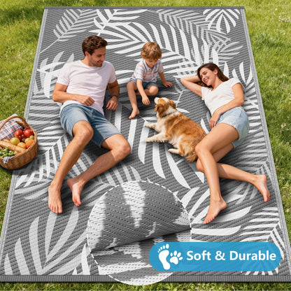 Kohree Outdoor Rug Waterproof 9x12, Reversible Outdoor Plastic Straw Rug with Leaf Pattern, Easy-Cleaning RV Mat Carpet for Patio, Porch, Camping, Balcony, Deck, Backyard, Grey & White