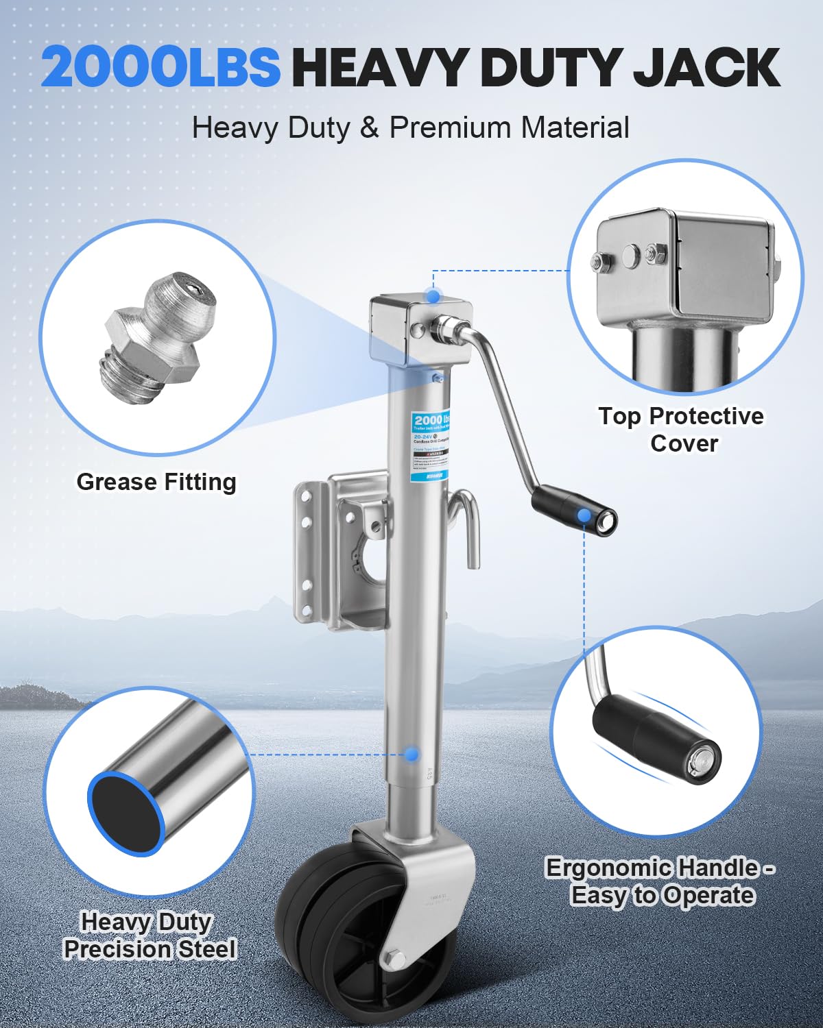 Kohree 2000 lbs Trailer Jack with Dual Wheel, 20-24V Cordless Drill Compatible, Heavy Duty Bolt on Trailer Tongue Jack for RV, Boat, Sliver, 12" Lift