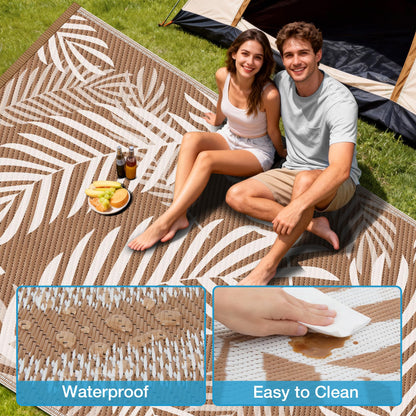 Kohree Outdoor Rug Waterproof 9x12, Reversible Outdoor Plastic Straw Rug with Leaf Pattern, Easy-Cleaning RV Mat Carpet for Patio, Porch, Camping, Balcony, Deck, Backyard, Brown & Beige