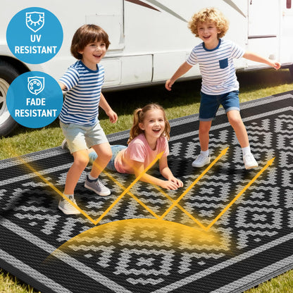 Kohree Outdoor Rug Waterproof 6x9 ft, RV Outdoor Plastic Straw Rug for Patios Clearance,Reversible Area Rug for Camping,Balcony,Deck,Black & Grey
