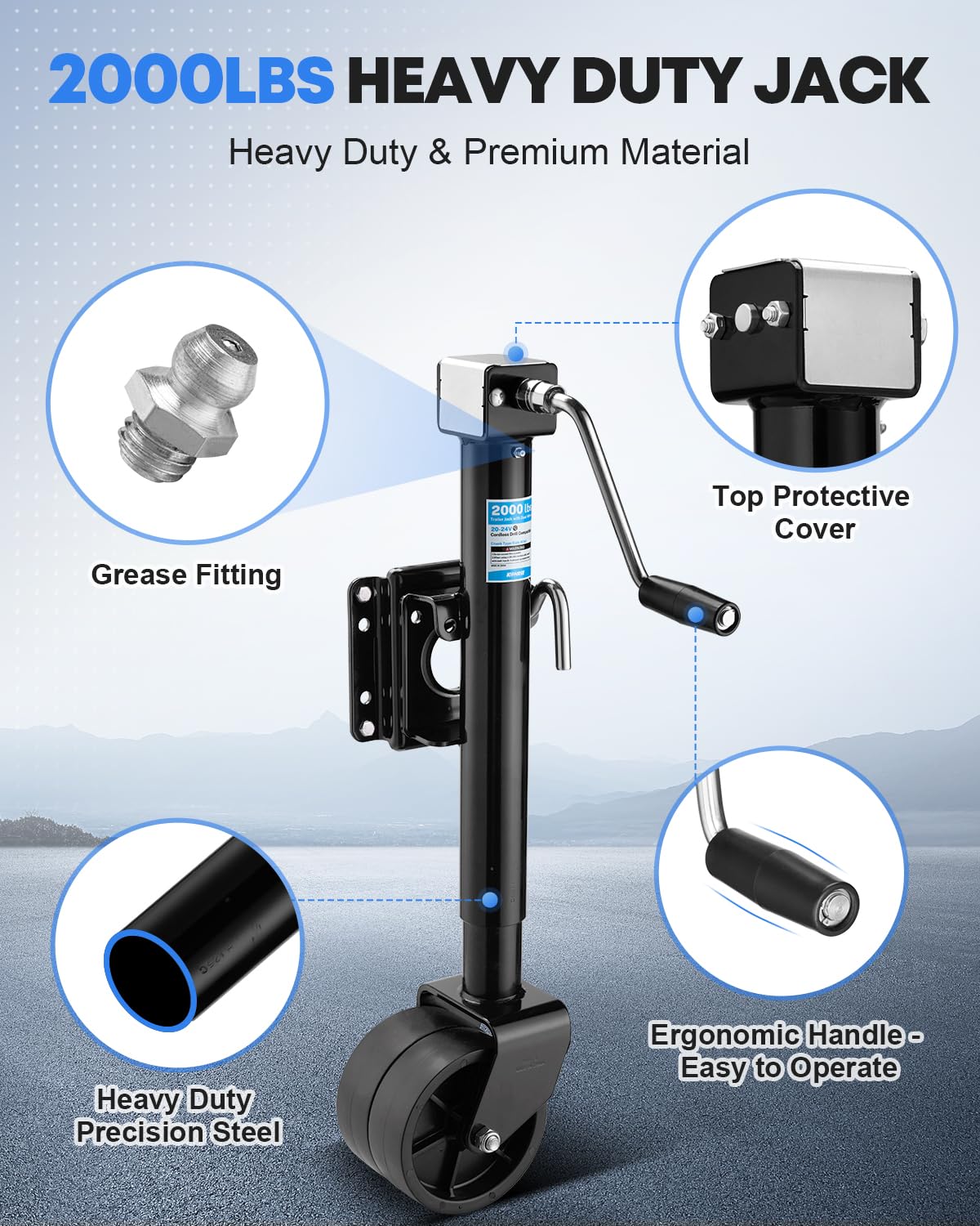 Kohree 2000 lbs Trailer Jack with Dual Wheel, 20-24V Cordless Drill Compatible, Heavy Duty Bolt on Trailer Tongue Jack for RV, Boat, Black, 12" Lift