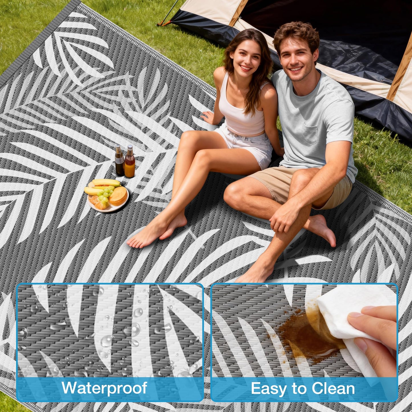 Kohree Outdoor Rug Waterproof 9x12, Reversible Outdoor Plastic Straw Rug with Leaf Pattern, Easy-Cleaning RV Mat Carpet for Patio, Porch, Camping, Balcony, Deck, Backyard, Grey & White