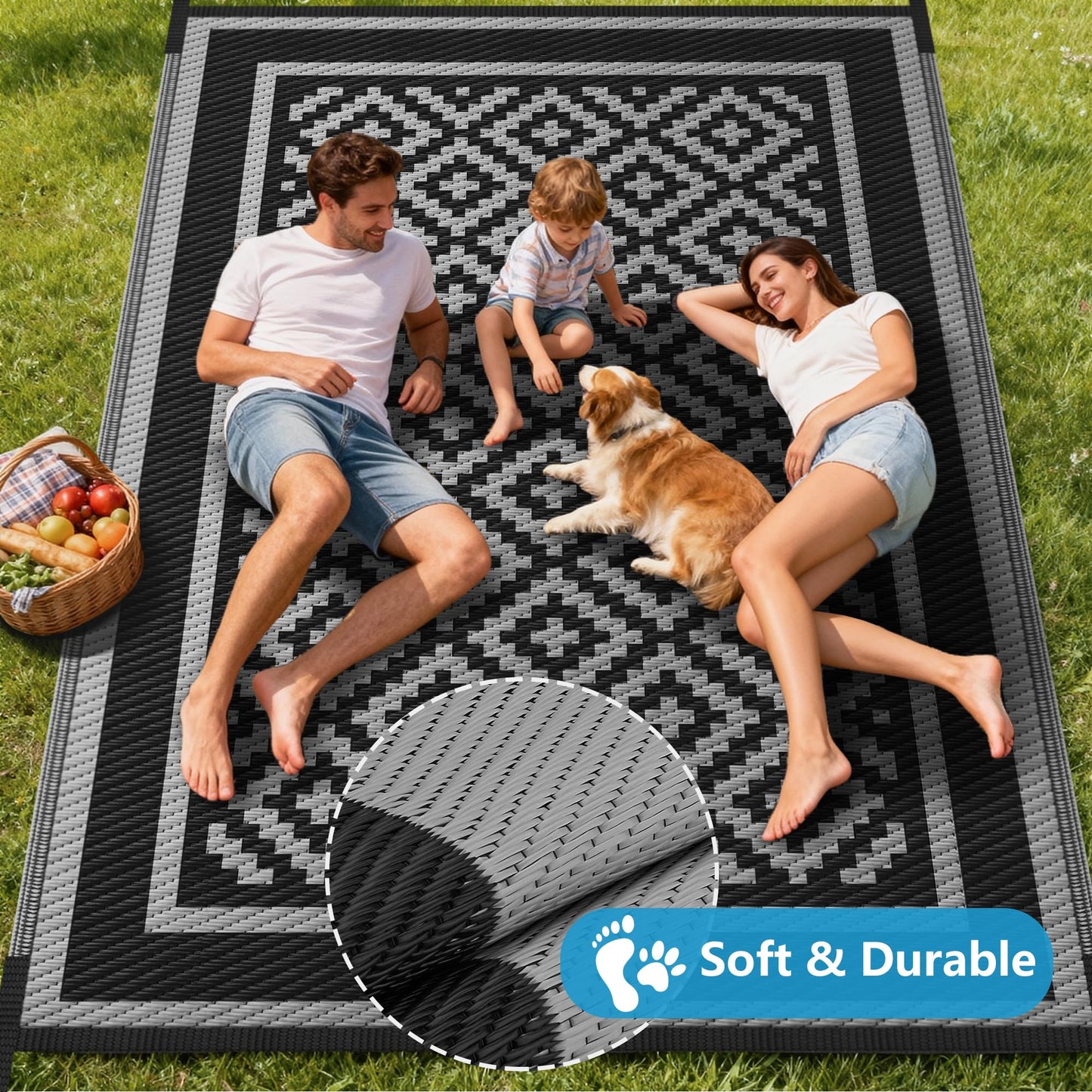 Kohree Outdoor Rug Waterproof 6x9 ft, RV Outdoor Plastic Straw Rug for Patios Clearance,Reversible Area Rug for Camping,Balcony,Deck,Black & Grey