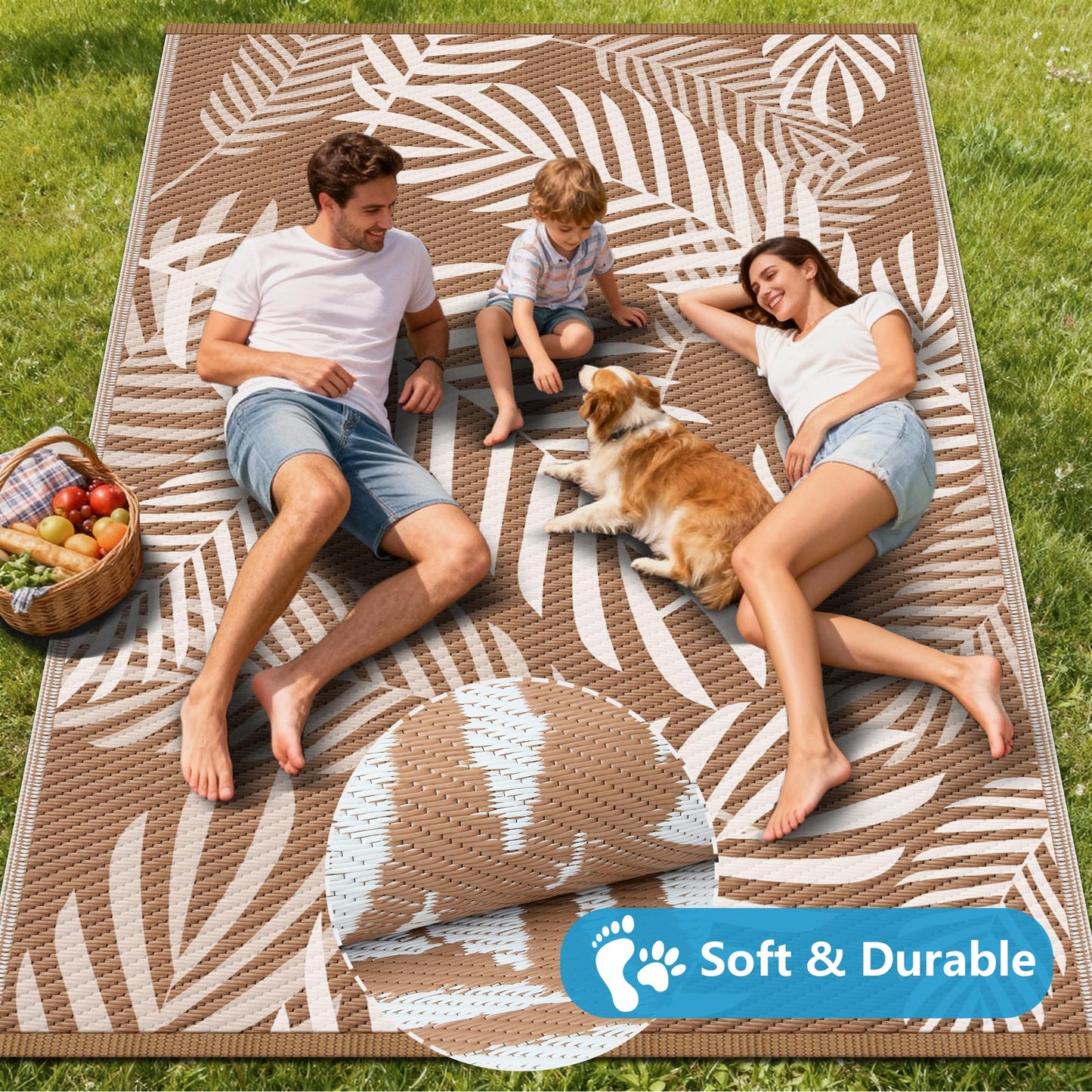 Kohree Outdoor Rug Waterproof 9x12, Reversible Outdoor Plastic Straw Rug with Leaf Pattern, Easy-Cleaning RV Mat Carpet for Patio, Porch, Camping, Balcony, Deck, Backyard, Brown & Beige