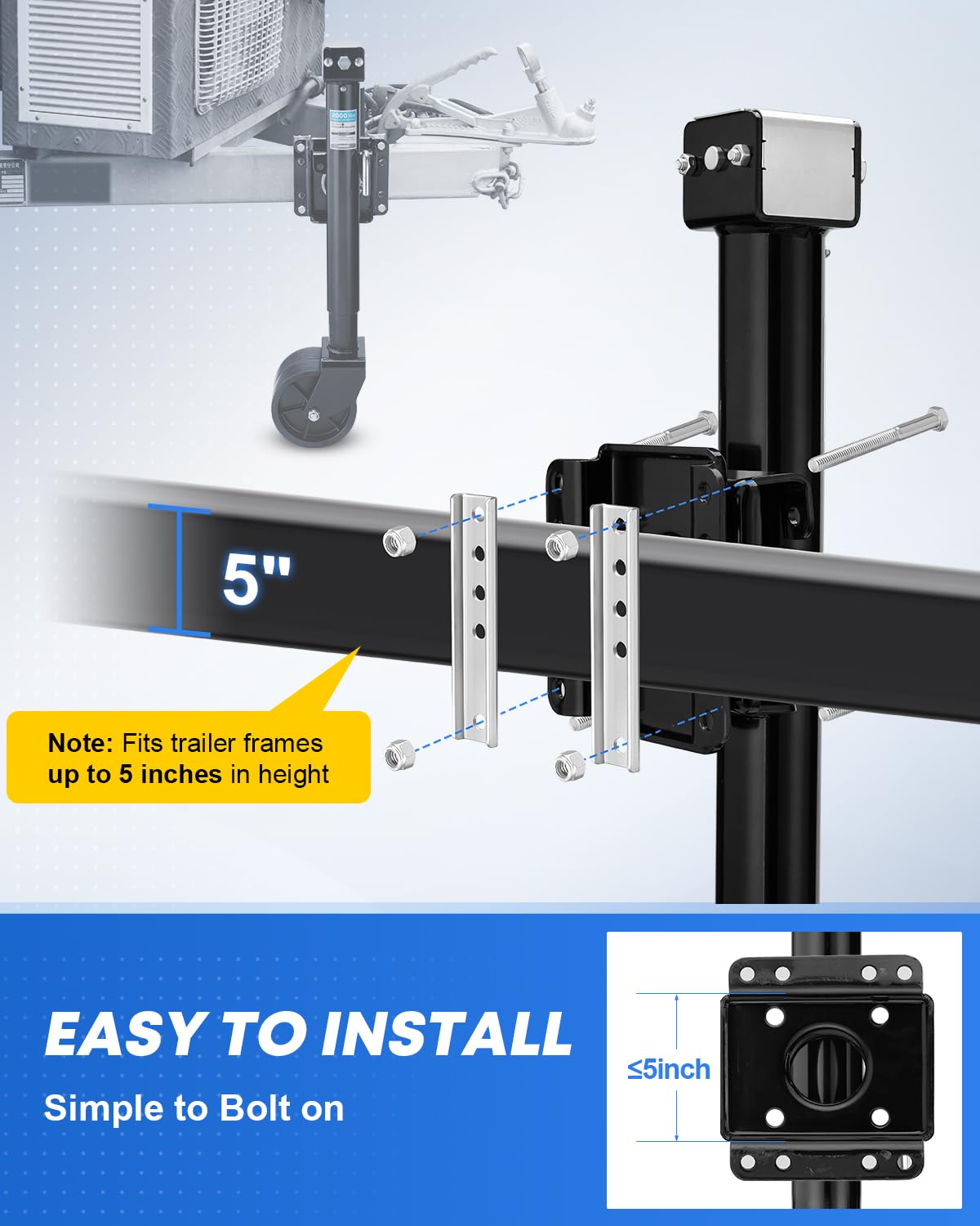 Kohree 2000 lbs Trailer Jack with Dual Wheel, 20-24V Cordless Drill Compatible, Heavy Duty Bolt on Trailer Tongue Jack for RV, Boat, Black, 12" Lift