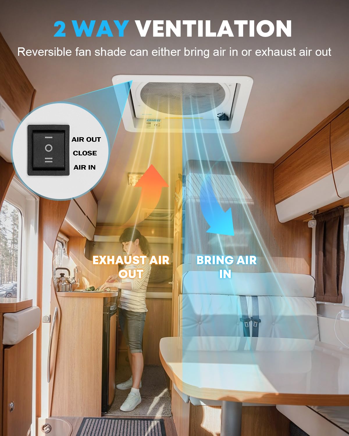 Kohree 14" RV Vent Fan, Manual Lift | 10 Speed Reversible, 12V Super Quiet, No Remote for Bathroom Camper Trailer