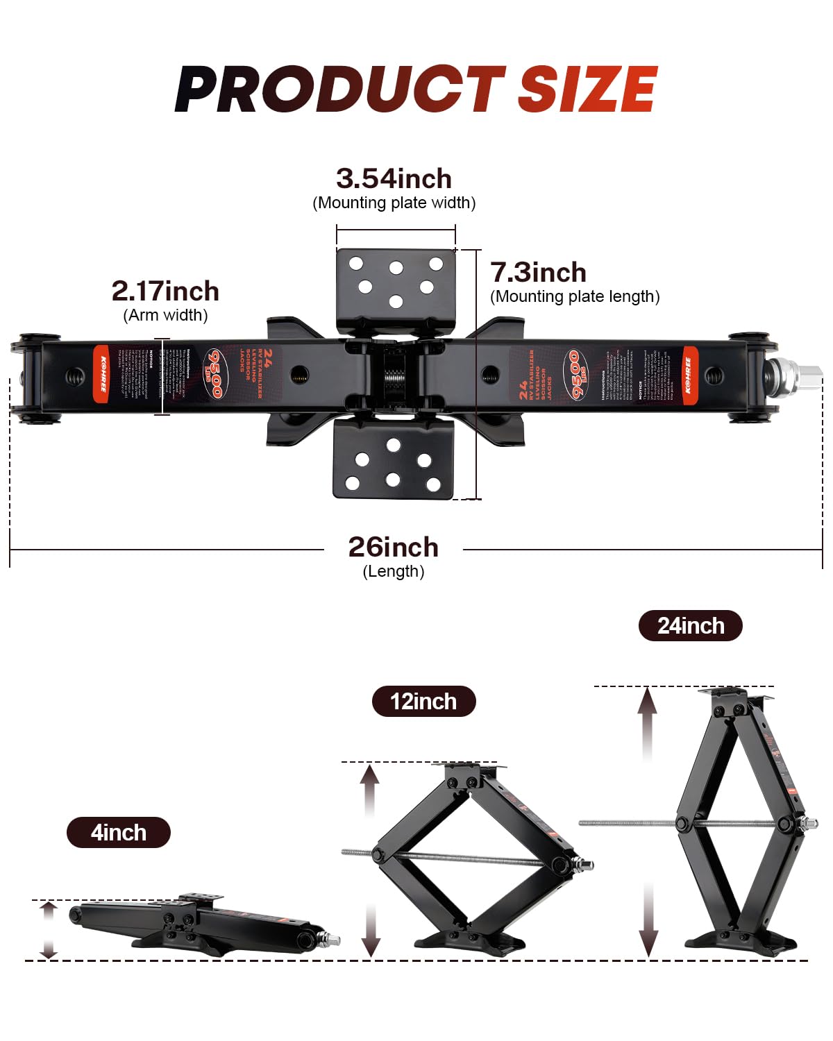 Kohree 9500 lbs RV Stabilizer Jacks 24", Leveling Scissor Jacks for Travel Trailer, Set of 2, Heavy Duty Camper Stabilizer Jacks Kit with Anti-Slip Handle and Drill Socket, Easy to Install