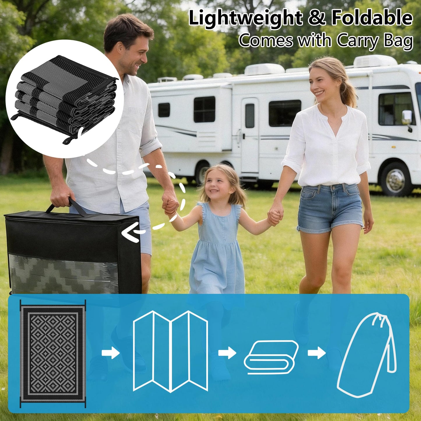 Kohree Outdoor Rug Waterproof 6x9 ft, RV Outdoor Plastic Straw Rug for Patios Clearance,Reversible Area Rug for Camping,Balcony,Deck,Black & Grey