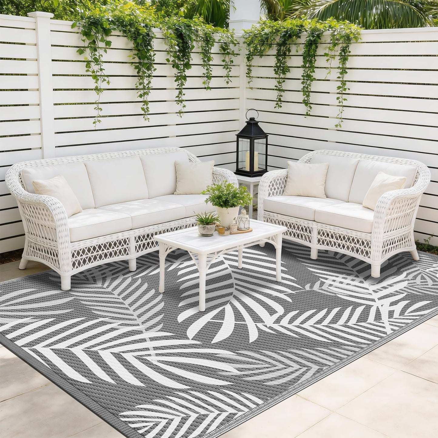 Kohree Outdoor Rug Waterproof 9x12, Reversible Outdoor Plastic Straw Rug with Leaf Pattern, Easy-Cleaning RV Mat Carpet for Patio, Porch, Camping, Balcony, Deck, Backyard, Grey & White