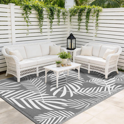 Kohree Outdoor Rug Waterproof 9x12, Reversible Outdoor Plastic Straw Rug with Leaf Pattern, Easy-Cleaning RV Mat Carpet for Patio, Porch, Camping, Balcony, Deck, Backyard, Grey & White