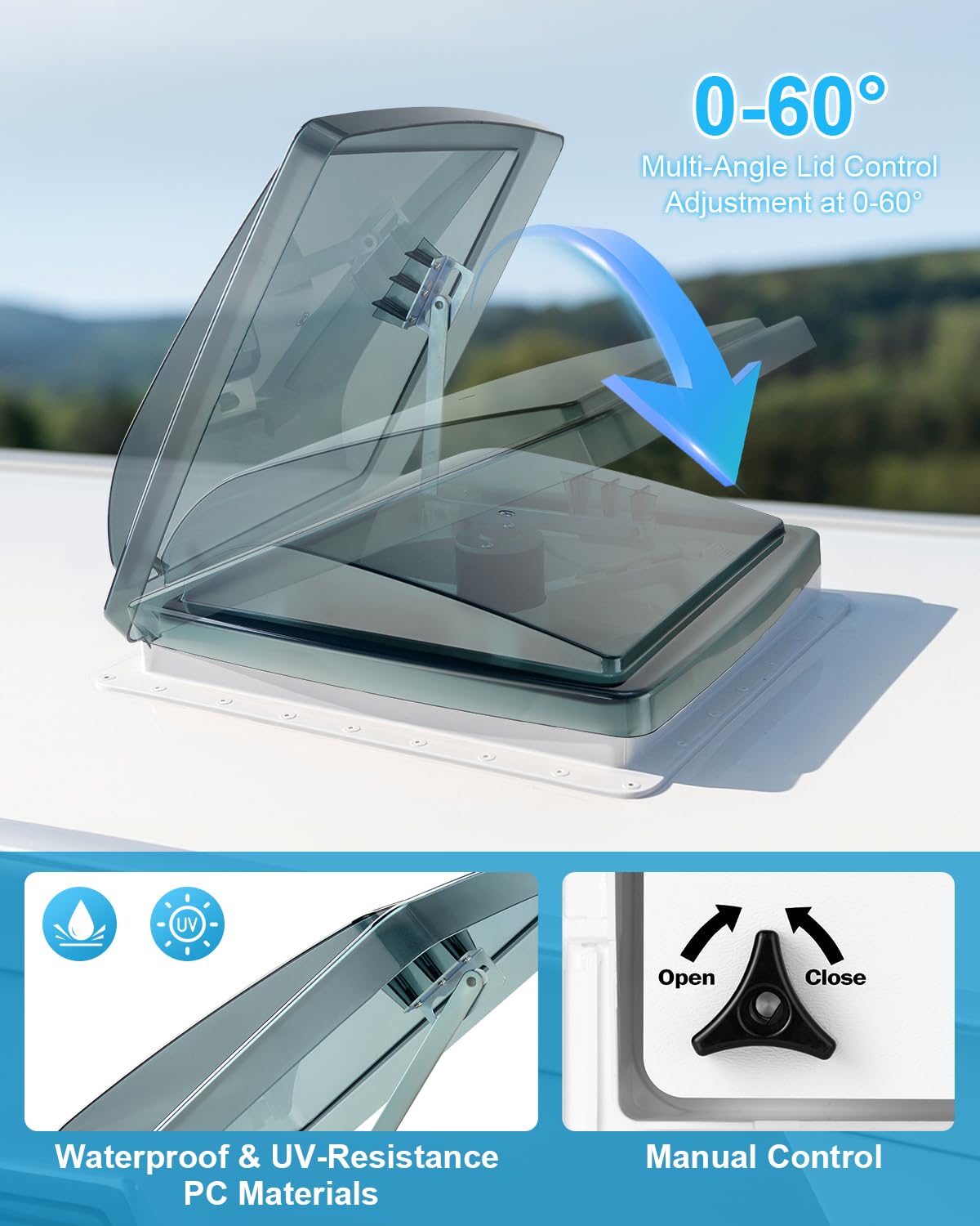 Kohree 14" RV Vent Fan, Manual Lift | 10 Speed Reversible, 12V Super Quiet, No Remote for Bathroom Camper Trailer