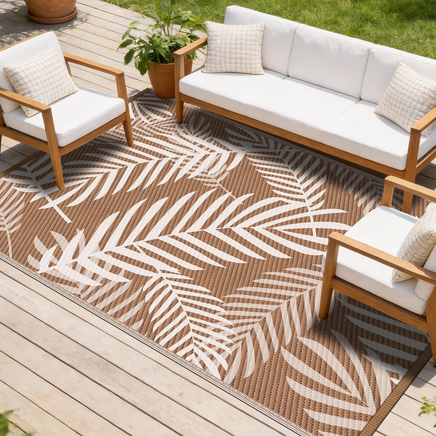 Kohree Outdoor Rug Waterproof 9x12, Reversible Outdoor Plastic Straw Rug with Leaf Pattern, Easy-Cleaning RV Mat Carpet for Patio, Porch, Camping, Balcony, Deck, Backyard, Brown & Beige