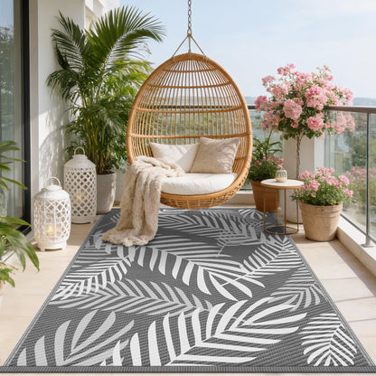 Kohree Outdoor Rug Waterproof 9x12, Reversible Outdoor Plastic Straw Rug with Leaf Pattern, Easy-Cleaning RV Mat Carpet for Patio, Porch, Camping, Balcony, Deck, Backyard, Grey & White