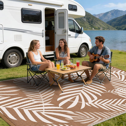 Kohree Outdoor Rug Waterproof 9x12, Reversible Outdoor Plastic Straw Rug with Leaf Pattern, Easy-Cleaning RV Mat Carpet for Patio, Porch, Camping, Balcony, Deck, Backyard, Brown & Beige