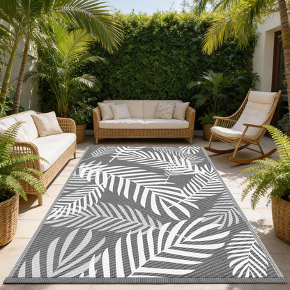 Kohree Outdoor Rug Waterproof 9x12, Reversible Outdoor Plastic Straw Rug with Leaf Pattern, Easy-Cleaning RV Mat Carpet for Patio, Porch, Camping, Balcony, Deck, Backyard, Grey & White