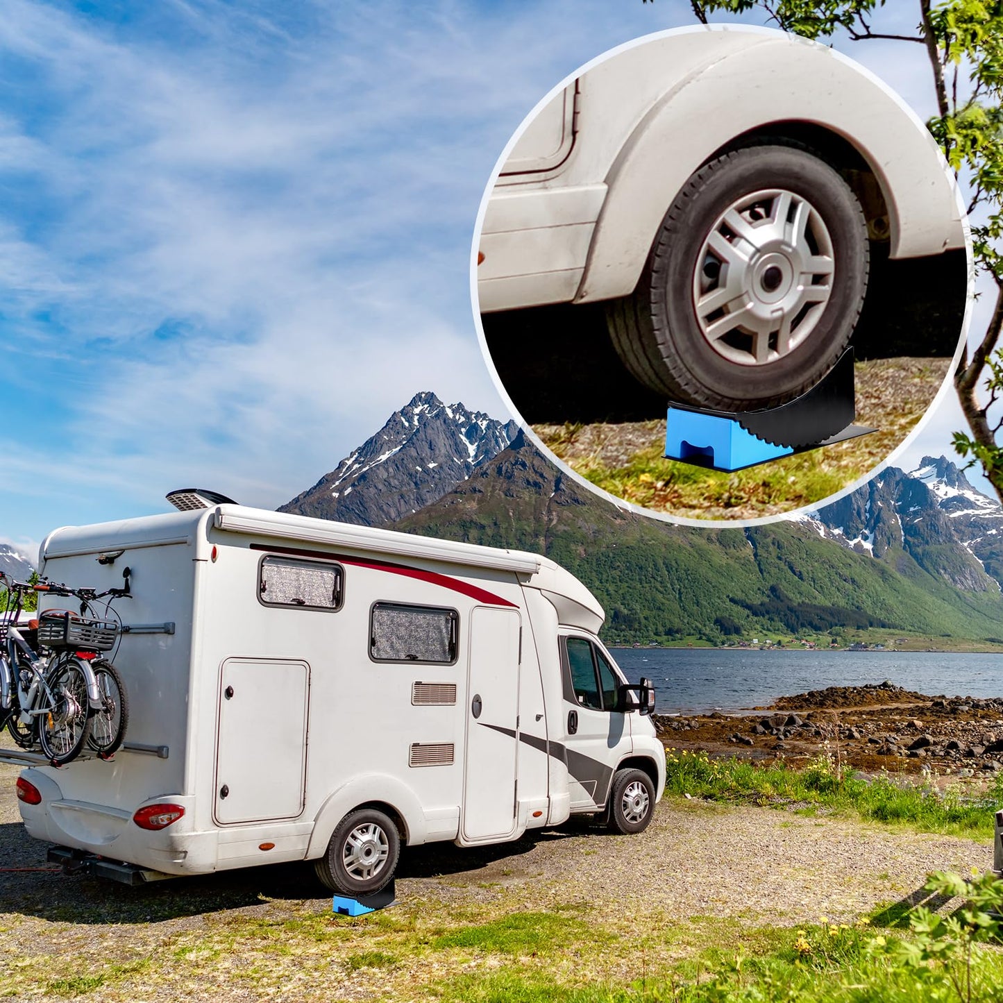 Kohree RV Leveling Blocks 6 Inch, 2 Packs Sturdy Camper Curved Levelers with 2 Wheel Chocks, 2 Rubber Mats & Carry Bag, RV Leveling System for Single Dual Axle Travel Trailers