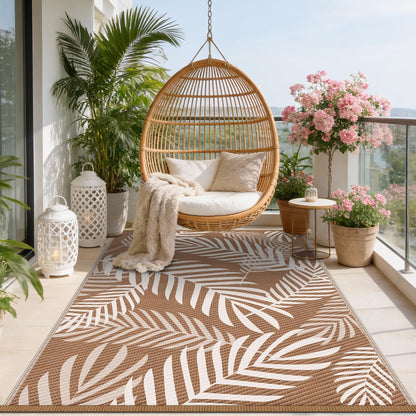 Kohree Outdoor Rug Waterproof 9x12, Reversible Outdoor Plastic Straw Rug with Leaf Pattern, Easy-Cleaning RV Mat Carpet for Patio, Porch, Camping, Balcony, Deck, Backyard, Brown & Beige